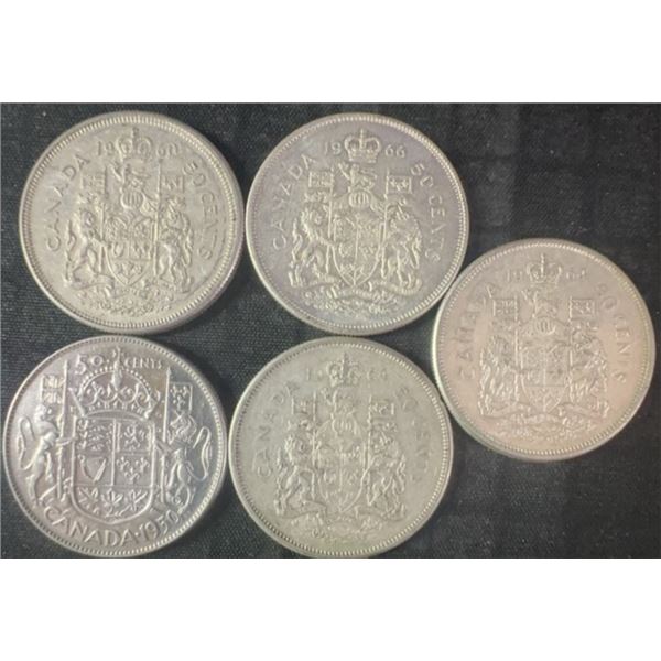 5 Canadian .800 Silver Half Dollars, 58.3g Total