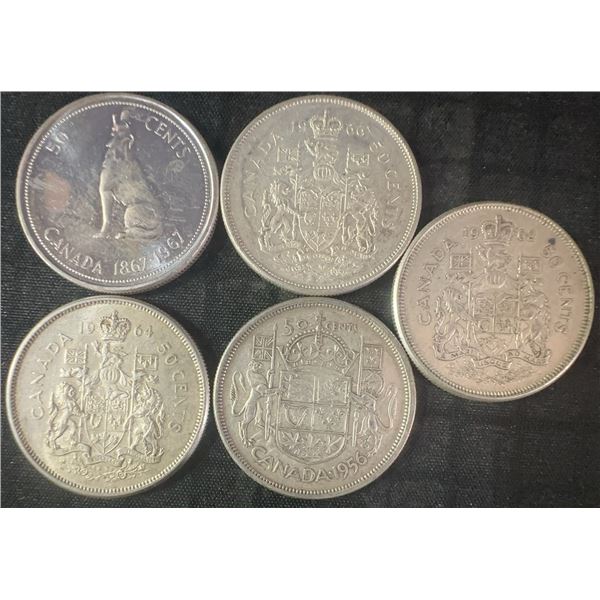 5 .800 Silver Canadian Half Dollars, 58.3g Total