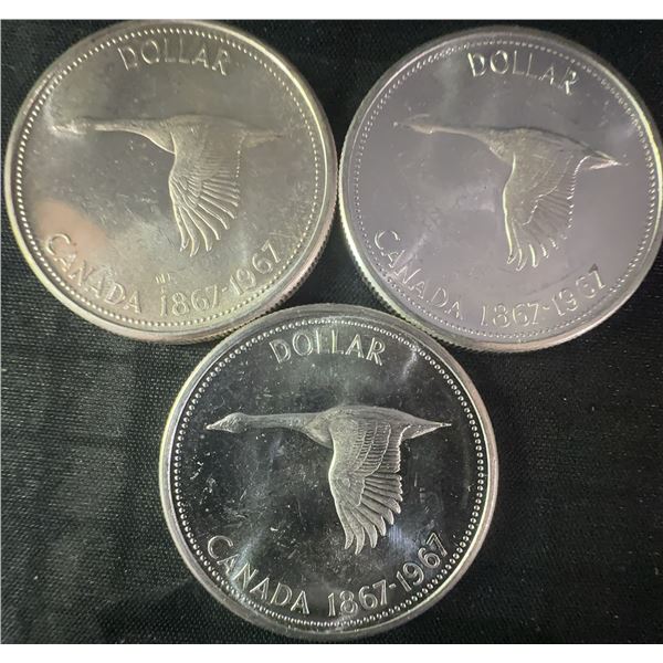3 Canadian .800 Silver Dollars 1867-1967 Commemorative, 70g