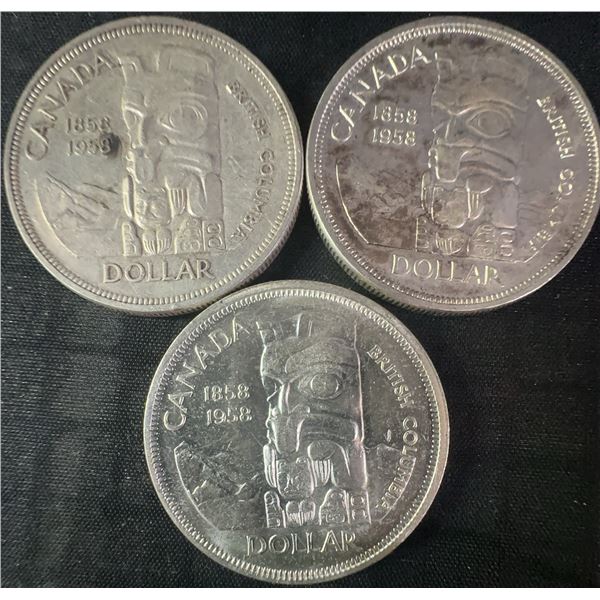 3 .800 Silver 1958 Canadian Dollar Coins, 70g Total