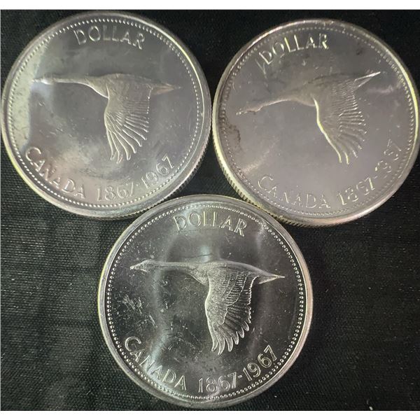 Three 1867-1967 Canadian .800 Silver Dollar Coins, 1.8 Troy Oz