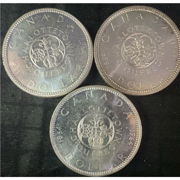 Three .800 Silver 1964 Charlottetown Canadian Silver Dollars, 70g