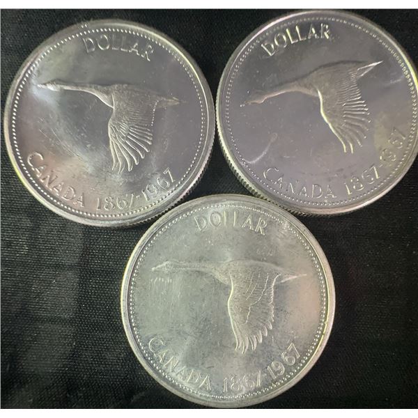 3 Canadian Silver Dollars 1867-1967, .800 Silver, 70g Total