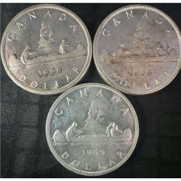 1959 .800 Silver Canadian Dollar Coins, Lot of 3 (Total 1.8 Troy Oz Silver)