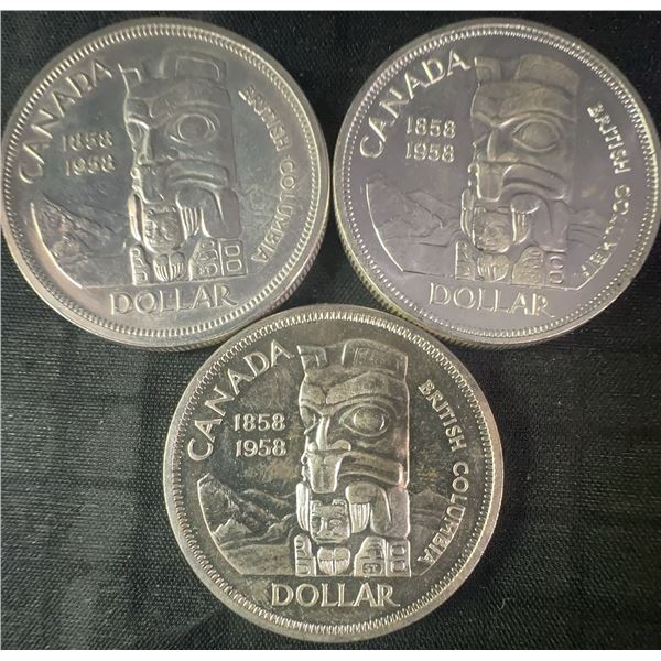 3 Canada 1858-1958 .800 Silver Dollars, 70g Total Weight