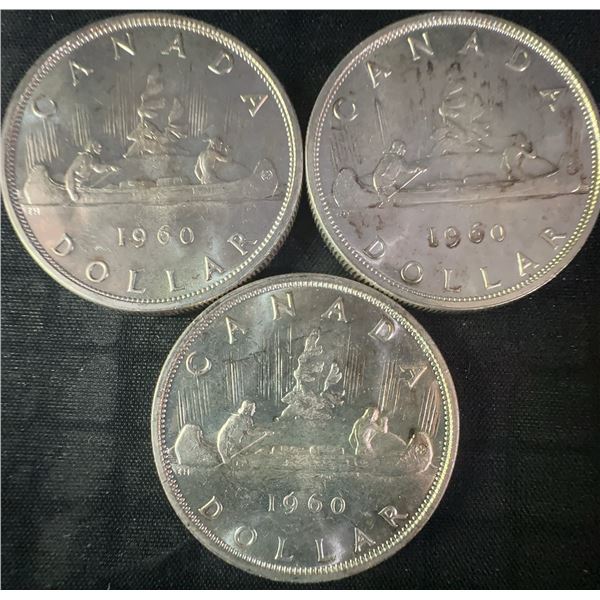 1960 Canadian .800 Silver Dollars (3 Coins, 70g, 1.8 Troy Oz)