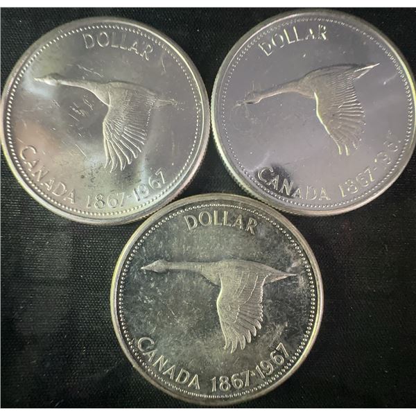 3 Canadian 1867-1967 .800 Silver Dollars, 70g