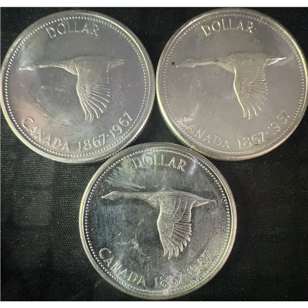 3 .800 Silver 1867-1967 Canadian Dollar Coins, 70g Total