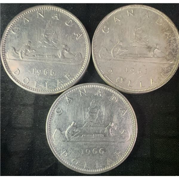 3 Canadian .800 Silver Dollars, 1966 and 1961, 70g Total