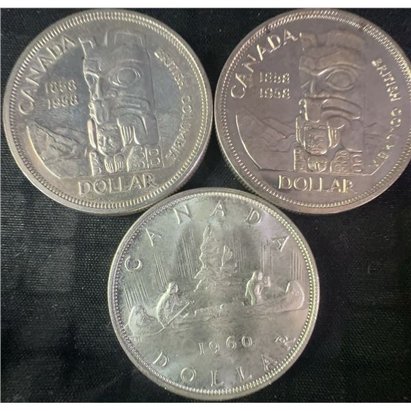 3 Canadian .800 Silver Dollars 1960, 1988, 70g Total