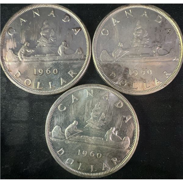 (3) 1960 Canada .800 Silver One Dollar Coins, 1.8 Troy Ounces