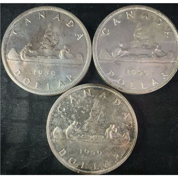 (3) 1959 Canadian Dollar Coins, .800 Silver, 70g Total