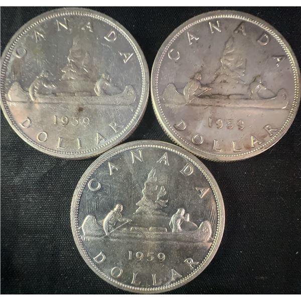 3 Canadian 1959 .800 Silver Dollars, 70g Total