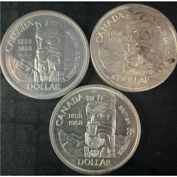 1958 .800 Silver Canadian Totem Dollar Coins (3 Pieces)
