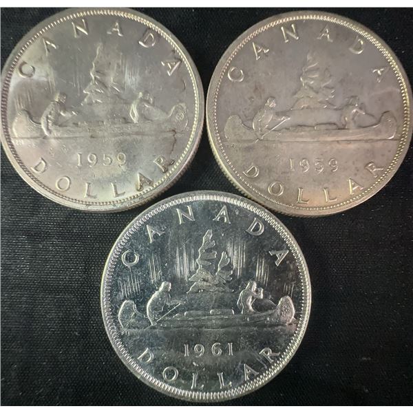 3 Canadian Silver Dollars 1959, 1959, 1961 .800 Silver 1.8 oz