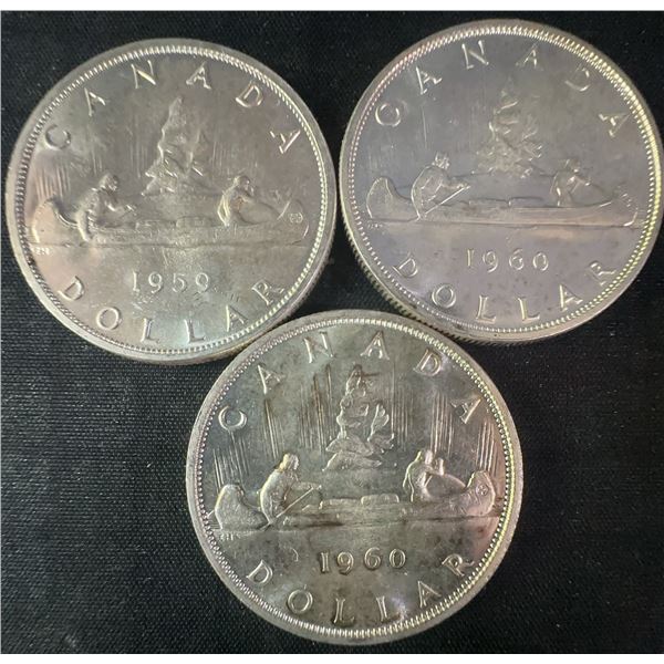 Three .800 Silver Canadian Dollars, 1959 and 1960, 70g Total