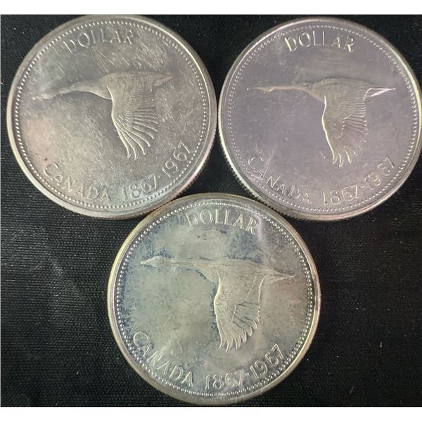 3 Canadian 1867-1967 Centennial .800 Silver Dollars, 70g Total
