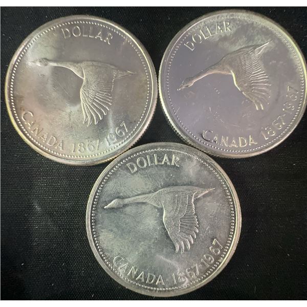 Three 1867-1967 Canada .800 Silver Dollars, 1.8 Troy Oz Total