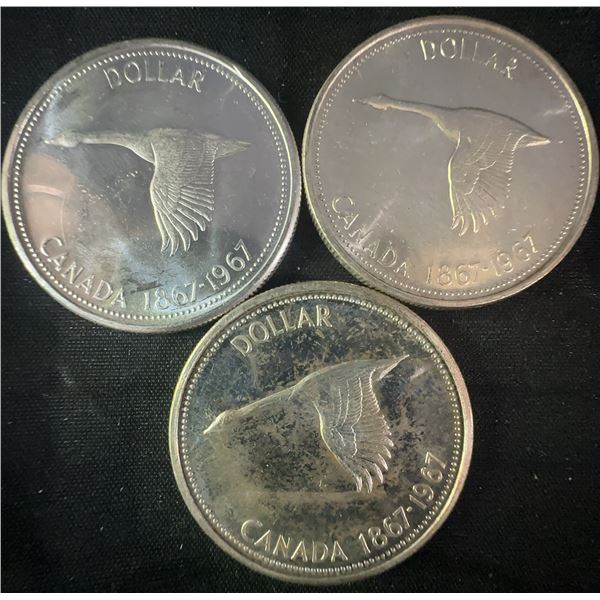 3 Canada 1867-1967 .800 Silver Dollar Coins, 70g Total