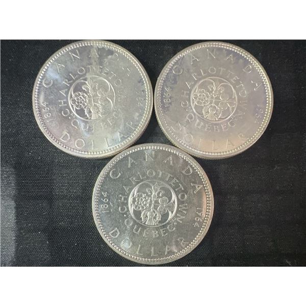 3 Canadian 1964 Charlottetown .800 Silver Dollar Coins, 70g