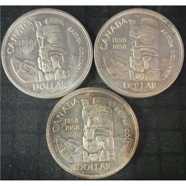 1958 .800 Silver Canadian Totem Dollar Coins, Lot of 3, 70g