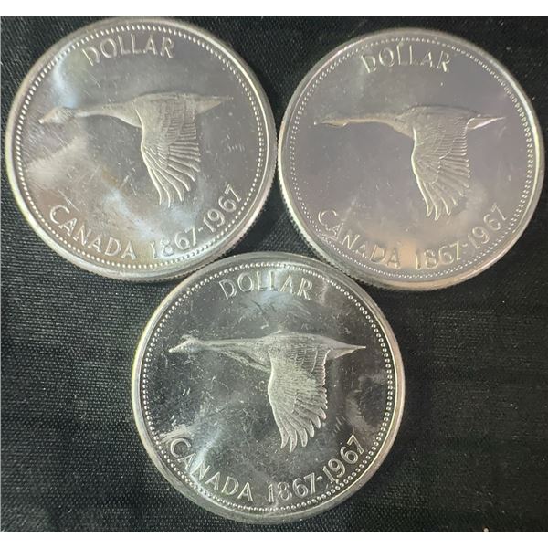 3 Canadian 1867-1967 .800 Silver Dollar Coins, 70g Total