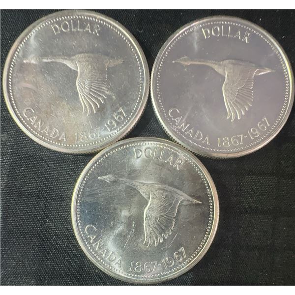 3 Canadian Silver Dollar Coins, 1867-1967, .800 Silver, 70g Total