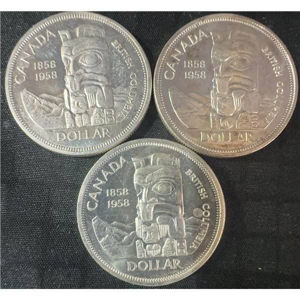 3 .800 Silver Canada 1958 Totem Dollar Coins, 70g