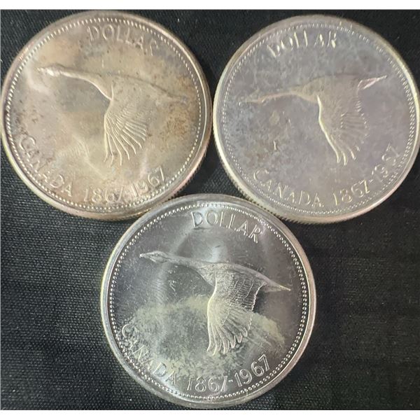 Three 1967 Canada .800 Silver Dollar Coins, 70g Total
