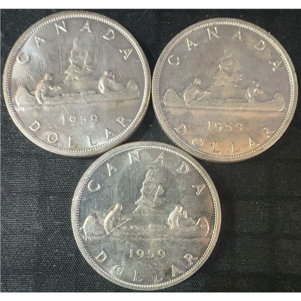 3 1959 .800 Silver Canadian Dollars, 70g Total