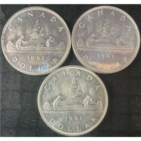 3 Canada 1961 .800 Silver Dollar Coins, 70g Total