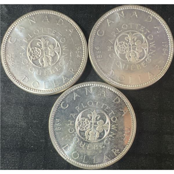 3 1964 .800 Silver Canadian Dollars, 70g Total
