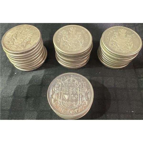37 Canadian .800 Silver Half-Dollars, 431.42g Total