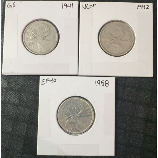3 Canadian Silver Dollars: 1941, 1942, 1958