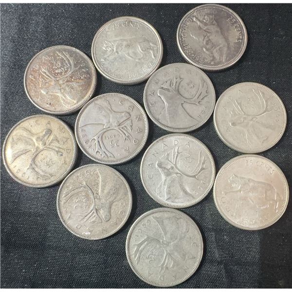 11 Canadian .800 Silver Quarters, 64g Total Weight