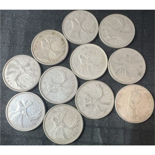 11 Canadian .800 Silver Quarters, 64g Total, 1.65 Troy Ounces