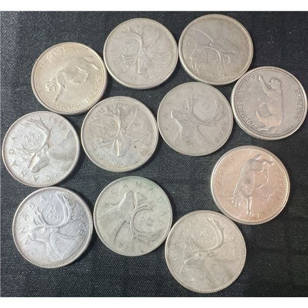 11 Canadian .800 Silver Quarters, 64g Total, 1.65 Troy Ounces