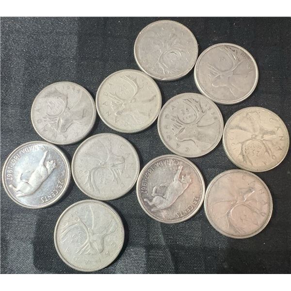 11 Canadian .800 Silver Quarters, 64g Total, 1.65 Troy Oz Silver
