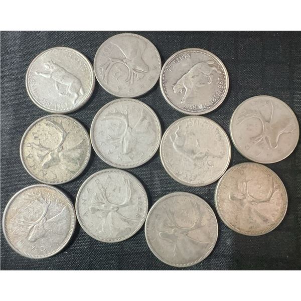 11 Canadian .800 Silver Quarters, 64g Total, 1.65 Troy Oz Silver