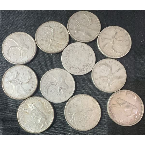 11 Canadian .800 Silver Quarters, 64g Total, 1.65 Troy Oz