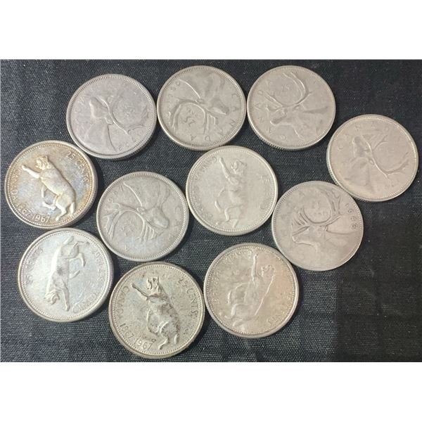 11 .800 Silver Canadian Quarters, 64g Total
