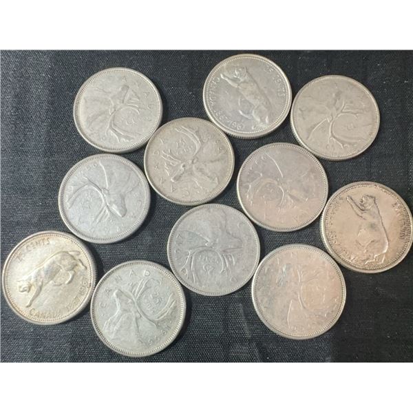 Eleven .800 Silver Canadian Quarters, 64g Total, 1.65 Troy Ounces Silver