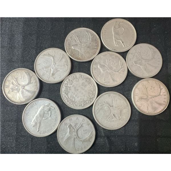 11 Canadian .800 Silver Quarters, 64g Total Weight