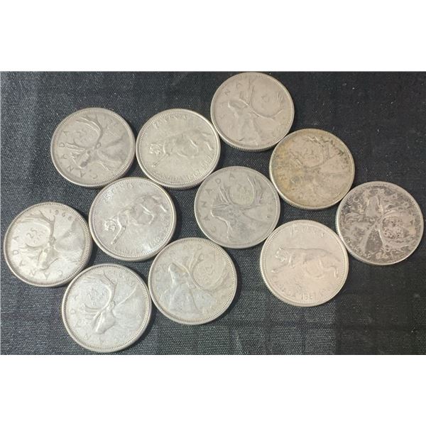 11 Canadian .800 Silver Quarters, 64g Total, 1.65 Troy Ounces Silver
