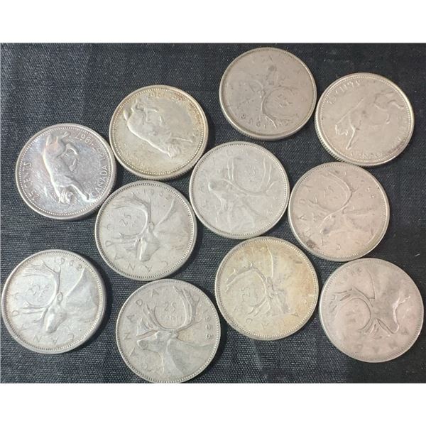 11 Canadian .800 Silver Quarters, 64g Total, 1.65 Troy Ounces