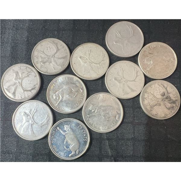 11 .800 Silver Canadian Quarters, 64g Total Weight