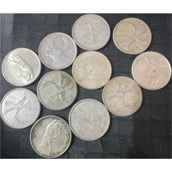 11 Canadian .800 Silver Quarters, 64g Total, 1.65 Troy Ounces