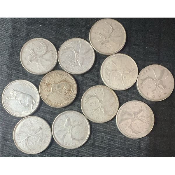11 Canadian .800 Silver Quarters, 64g, 1.65 Troy Oz Total