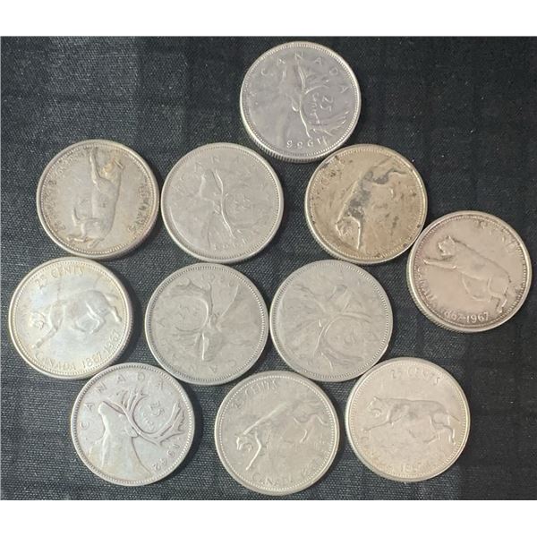 11 Canadian .800 Silver Quarters, 64g, 1.65 Troy Ounces