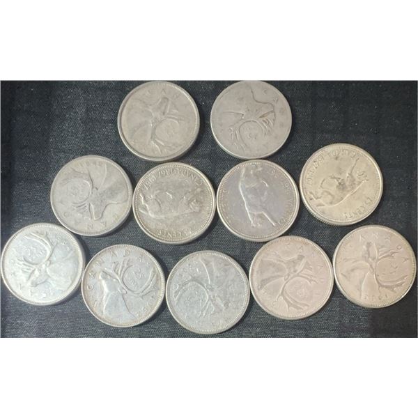 11 Canadian .800 Silver Quarters, 64g Total, Various Dates